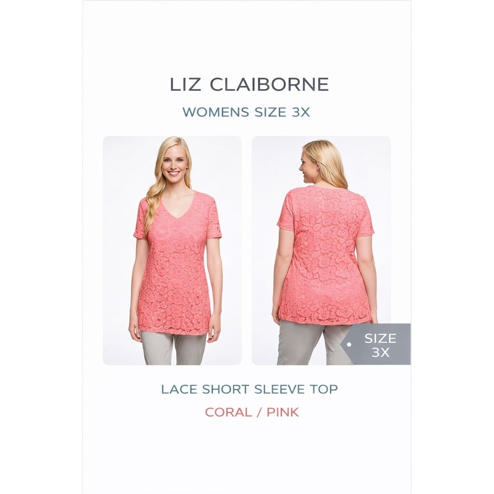 Liz Claiborne Womens 3X Lace Short Sleeve Tunic Top Coral Pink V-Neck A253750/X